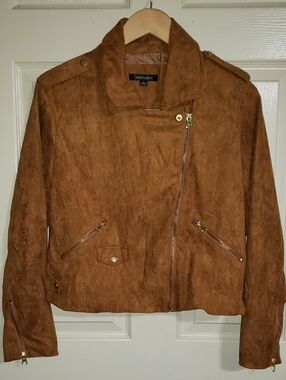 Haoduoyi Cognac Brown Faux Suede Moto Jacket